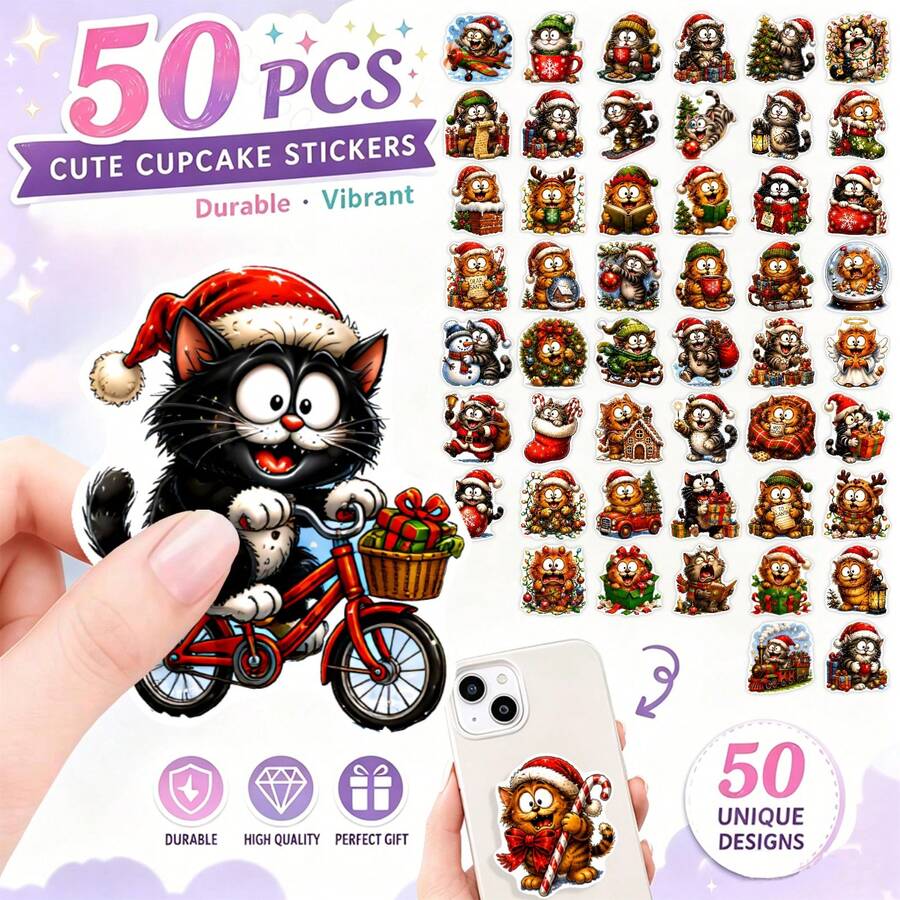50PCS Christmas Illustrated Cat Sticker Pack, Cute Festive Holiday Kitty Decals, Funny Santa Hat Cat Designs, For Journal, Laptop, Water Bottle, Scrapbook, Gift Wrapping, Winter Party Decor, Cat Lovers - Multicolor - View 1