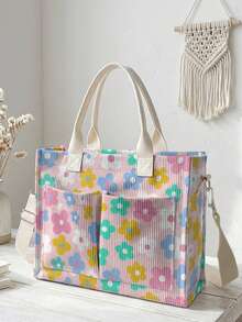 1pc Colorful Small Flowers Print Corduroy Multi-Pocket Large Capacity Storage, Snap Button Closure, Shoulder Tote Bag For Student Daily Commute School - Multicolor - View 14