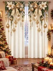 2 buah Tirai Motif Ornamen Meriah, Tirai Natal Persegi Panjang Spandex Bergaya Rumah Pertanian yang Nyaman dengan Ranting Pinus, Buah Beri Merah, Bola Emas & Pola Kepingan Salju, Dekorasi Jendela Mudah Digantung untuk Ruang Tamu Liburan Musim Dingin - A - View 8