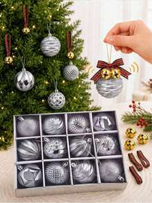 1/6/12/24pcs Silver Christmas Ball Ornament Set With Gold Bells And Plaid Ribbons, Assorted Color Christmas Tree Hanging Balls, DIY Holiday Decoration For Gift Wrapping, Fireplace, Home And Holiday Party Decor - Multicolor - View 1