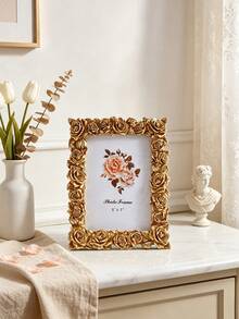 1pc Gold Rose Border Rectangular Photo Frame, European Style Resin Material Decorative Photo Frame, Embossed Photo Frame, Rose Tabletop Frame, Luxury Photo Holder, Gilded Vertical Frame, Can Be Placed Horizontally Or Vertically, Suitable For Decorating Photos And Photo Frames, Gift Photo Frame, Wedding Photo Frame - Gold - View 9
