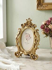 1pc European Style Gold Lace Oval Decorative Photo Frame With Random Insert Paper, Classical Rococo Resin Tabletop Frame, Portrait Photo Frame, Photo Storage Frame, Luxury Desktop Standing Frame, Suitable For Photo Display, Home Decor, Wedding Photo Frame, Commemorative Frame, Palace Style Picture Frame, Photo Stand - Gold - View 5