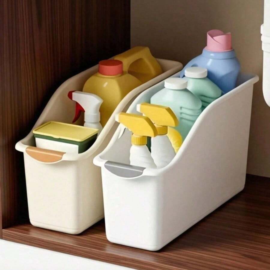 LAISONWARE 2件組 PP塑料弧形收納盒 白色/奶油色,省空間櫥櫃收納盒,適用於水槽下方、儲藏室與廚房縫隙,抽屜式設計附隔板,居家使用 - 彩色 - 查看 1
