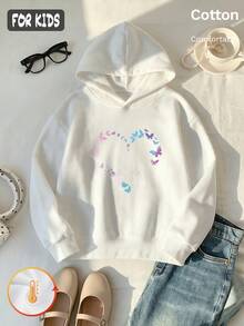 Autumn Winter Girls Fleece Lined Hoodie With Heart Butterfly Print, White Long Sleeve Pullover With Ribbed Cuffs Y2K - White - View 3