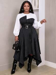 Women's Plus Size Patchwork Striped Round Neck Long Sleeve Asymmetric Hem Casual Dress - Multicolor - View 4