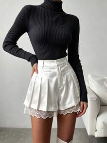 Women's Lace Satin Patchwork Pleated Shorts Skorts Sexy Casual Versatile Everyday Shorts Zipper Front With Lining Skorts, Halloween Christmas - White - View 9