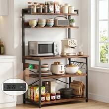 Estante Organizador para Cocina de 5 Niveles con Enchufes Integrados y Ganchos, Mueble de Almacenamiento Multifuncional para Microondas, Cafetera, Horno, Utensilios y Electrodomésticos, Amplio Espacio para Mantener la Cocina Ordenada, Diseño Práctico y Resistente para Hogar y Departamento - Negro - Ver 1