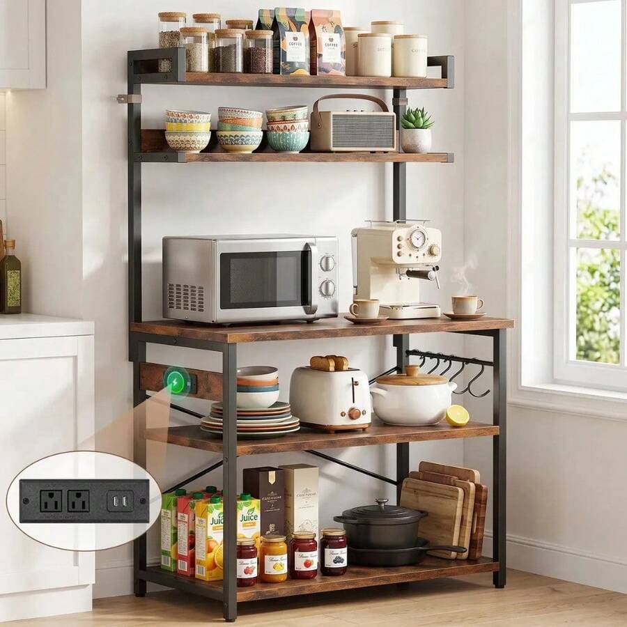 Estante Organizador para Cocina de 5 Niveles con Enchufes Integrados y Ganchos, Mueble de Almacenamiento Multifuncional para Microondas, Cafetera, Horno, Utensilios y Electrodomésticos, Amplio Espacio para Mantener la Cocina Ordenada, Diseño Práctico y Resistente para Hogar y Departamento - Negro - Ver 1