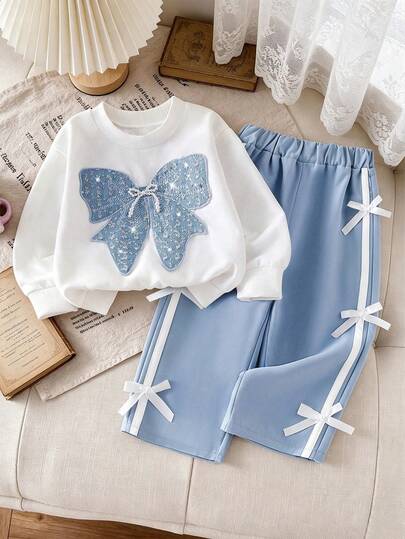 Baby Girl Ribbon Bow Decor Round Neck Long Sleeve Top And Pants