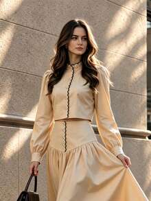 Fall Vintage Apricot Crop Top, Elegant Ruffle Neck Puff Sleeve Blouse, Wavy Trim Button Down Shirt For Fall Winter - Apricot - View 2