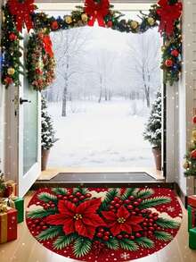 1pc Red Poinsettia & Snowflake Christmas Welcome Mat - Semi-Circular Christmas Door Mat With Green Holly Berry Border, Soft Mat Suitable For Front Door, Porch, Kitchen - Easy To Clean Holiday Decor - A - View 9