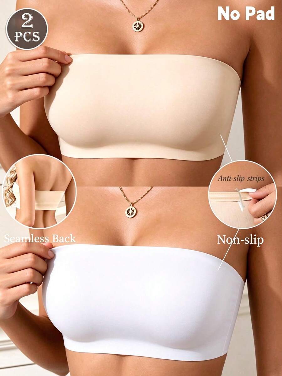 2pcs Women's Seamless Bandeau Bra, Wire-Free Elastic Skin-Friendly Bandeau Top, Soft And Breathable, Suitable For Strapless Dresses, No Padding