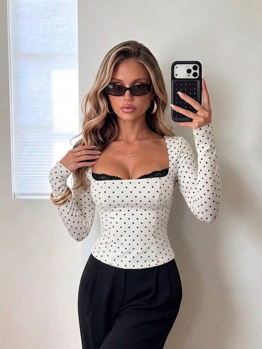 Fashionable Versatile Square Neck Long Sleeve Lace Polka Dot Print Slim Fit Flattering T-Shirt Top - White - View 1
