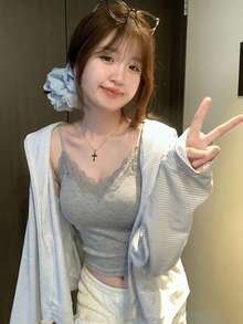 Spring/Summer French Lace Camisole Tank Top Gray Sexy Style With Padded Inner Layer Autumn/Winter Base Layer Casual Women's - Grey - View 4