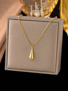 RAYQUEEN 1PC Stainless Steel Fashion Water Drop Pendant Necklace + Stud Earrings Jewelry, Suitable For Daily Wear - Gold - View 5