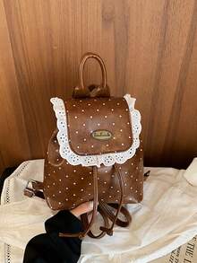 1pc Girls Polka Dot PU Drawstring Closure Vintage Backpack Suitable For All Seasons Daily Use - A - View 11