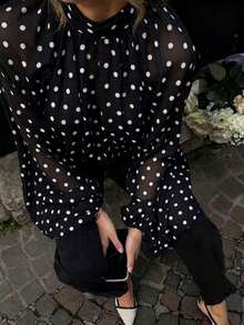 Women's Solid Color Polka Dot Elegant Chiffon Fabric Stand Collar Loose Tie Back Blouse, Suitable For Vacation, Beach, Spring & Autumn Black, French Girl Style - Black - View 7