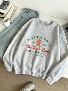 Women's Plus Size Pullover Hoodie, North Pole Gingerbread Print - Light Grey - View 5