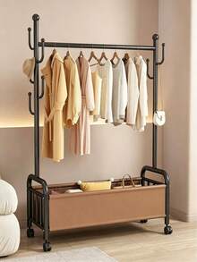 1pc Metal Garment Rack With Storage Basket, Mobile Clothes Rack With Wheels, Multi Hooks, Large Storage Space, Stable Structure, Space Saving, Freestanding Clothing Organizer, Suitable For Bedroom, Living Room, Dormitory And Apartment. - Multicolor - View 6