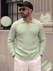 Lookun Men's Knitted Polo Sweater, Small Collar, Casual Drop Shoulder, Korean Style, Lazy, Autumn/Winter - Green - View 2