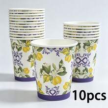 10/25pcs Lemon Blue Floral Disposable Paper Cups, Mediterranean Lemon Pattern Party Drinking Cups, Tableware For Summer Picnic, Birthday Party, Baby Shower, Wedding & Garden Party Decor Supplies - Multicolor - View 4