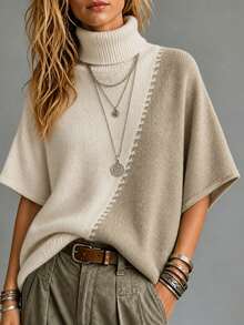 Sweater Rajut Wanita Kerah Tinggi Motif Blok Warna, Potongan Asimetris dengan Lubang, Lengan Pendek, Esensial Musim Gugur/Dingin - Khaki - View 1