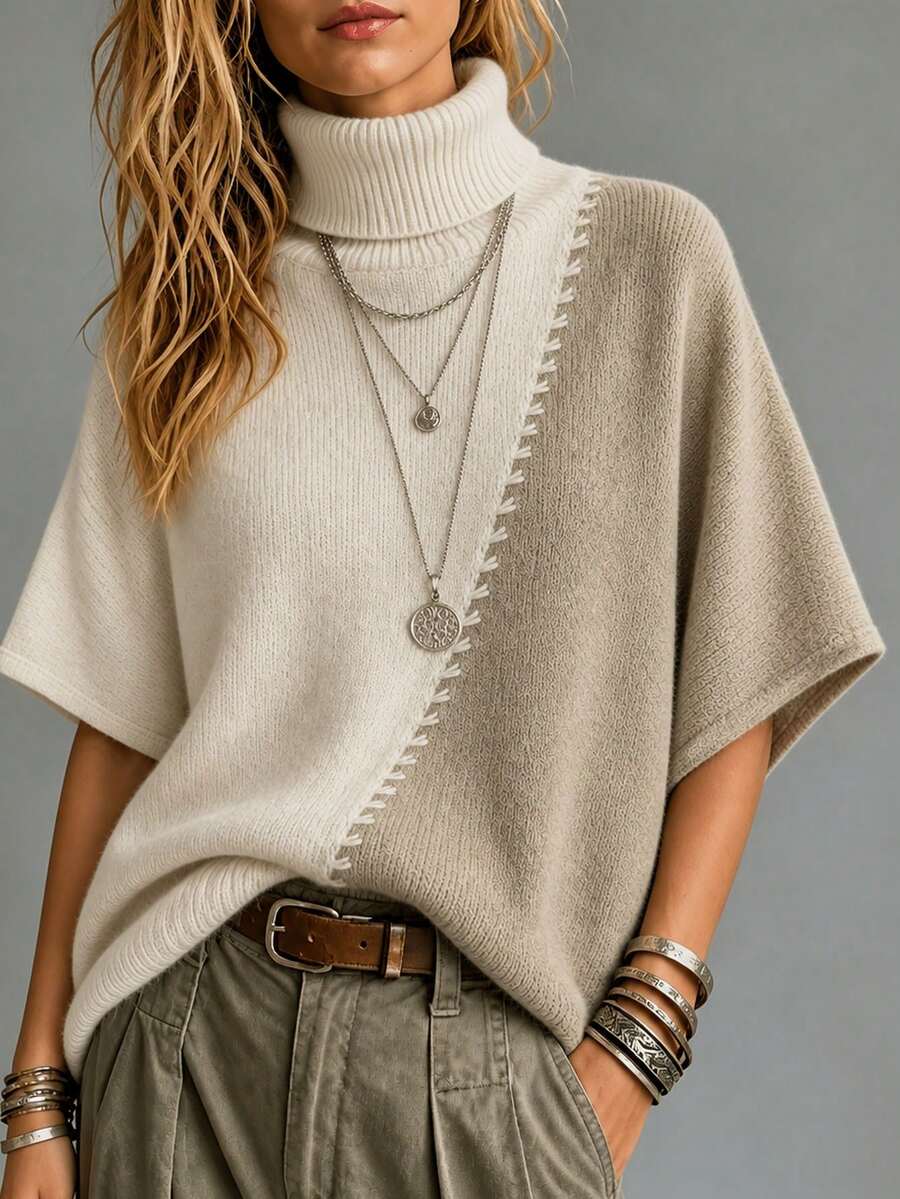 Sweater Rajut Wanita Kerah Tinggi Motif Blok Warna, Potongan Asimetris dengan Lubang, Lengan Pendek, Esensial Musim Gugur/Dingin - Khaki - View 1