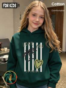 Autumn Winter Girls Fleece Hoodie With Love You So Much Text Palm Tree Heart Print Black Long Sleeve Y2K - Dark Green - View 1