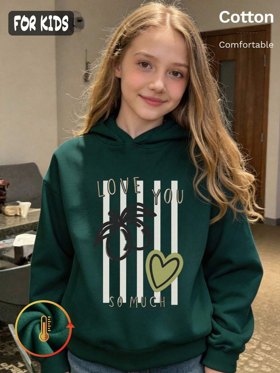 Autumn Winter Girls Fleece Hoodie With Love You So Much Text Palm Tree Heart Print Black Long Sleeve Y2K - Dark Green - View 1