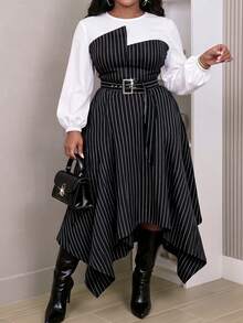 Women's Plus Size Patchwork Striped Round Neck Long Sleeve Asymmetric Hem Casual Dress - Multicolor - View 2
