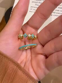 rundraw 2pcs Women's Ring Set, Gold-Tone Copper Material, Faux Pearl & Turquoise Flower Open Ring, Delicate Fashion Autumn Style, Suitable For Daily Wear And Holiday Gift - Multicolor - View 4