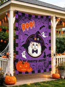 Customized Personalized Pet Photo Halloween Tapestry, Custom Pet Portrait Boo Ghost Pumpkin Wall Hanging Banner, Lightweight Halloween Background Decor, Suitable For Living Room Bedroom Dorm Party, Unique Spooky Halloween Housewarming Gift For Pet Lovers - Multicolor - View 5