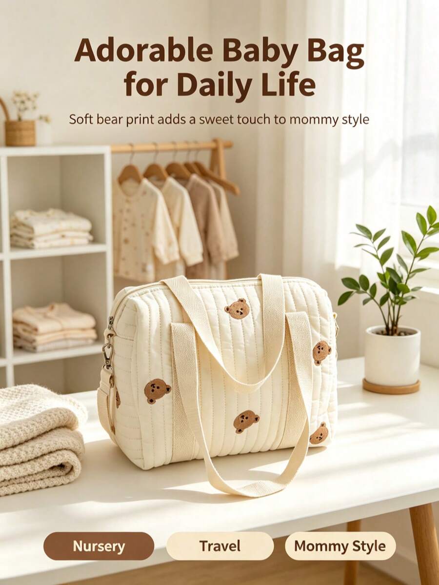 1 st multifunktionell broderad stor blöjväska för mamma, quiltad crossbody-toteväska, bärbar reseorganizer för barnvagn - Svart - Visa 1