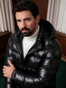 Men's Winter Solid Color Minimalist Detachable Hooded Shiny Leather Mid-Length Padded Coat - Black - View 1