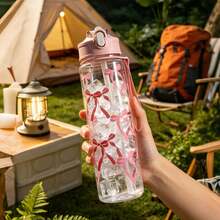 1pc 750ml Baby Water Bottle With Bow, Cartoon Pattern, Anti-Drip Straw Cup, Portable Leak-Proof Baby Water Bottle, Large Capacity Sports Water Bottle For Summer - Clear - View 3