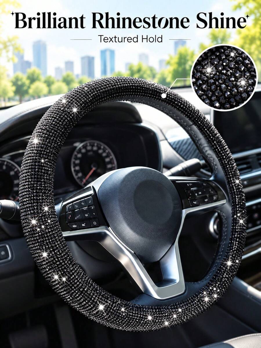 1 pieza Funda de volante con strass, diseño elástico sin anillo interior para volantes de 14.2-15.3 pulgadas, accesorio brillante para el interior del coche - Multicolor - Ver 1
