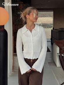 Áo cardigan len dệt kim ngắn nữ VIBEWAVE thiết kế rỗng, phong cách Mỹ xuân/hè, tay loe, cài nút đơn - trắng - Xem 3