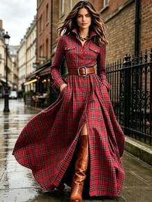 Women's Autumn/Winter Fashion Multi-Color Plaid Vintage Long Dress - Red - View 2