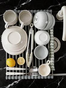 1pc 47cm 15-Tube Stainless Steel Foldable Sink Drain Rack, Space-Saving Dish Drying Rack With Roll-Up Design, Suitable For Kitchen Dish Washing, Drying And Draining, Cloth And Sponge Drying Rack - Light Grey - View 9