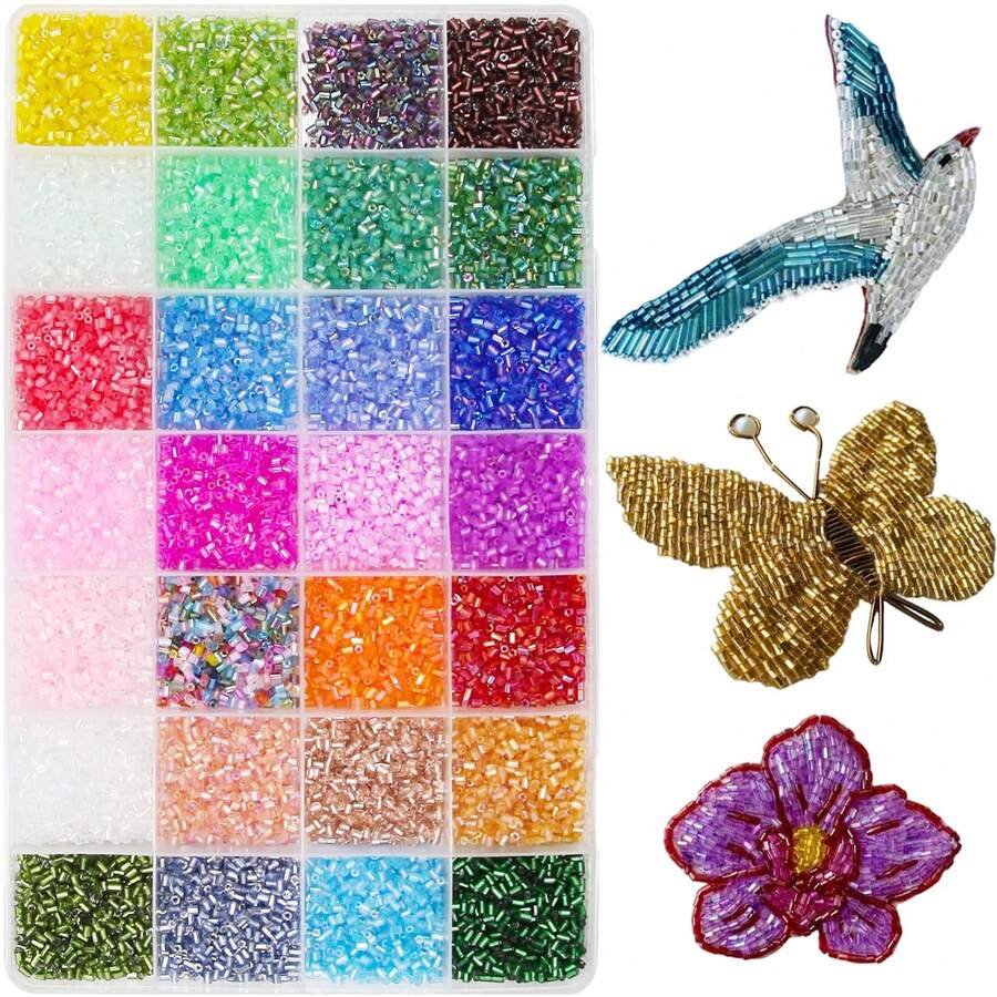 18 Colors Tubular Glass Beads Set Box, Solid Color Long Cylindrical Rice Beads, Suitable For DIY Embroidery, Brooch, Bracelet, Jewelry Making Handicrafts - Multicolor - View 1