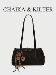 CHAIKA & KILTER 1件裝純色麂皮布料女款復古時尚啞光保齡球包，對比色絎縫縫線、雙手柄設計、拉鍊開合，適合日常與外出使用（附吊飾） - 黑色 - 查看 2