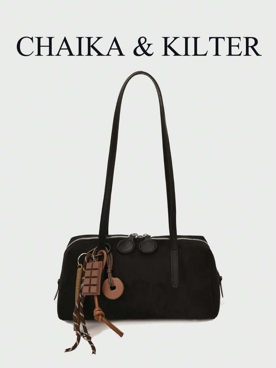 CHAIKA & KILTER 1件裝純色麂皮布料女款復古時尚啞光保齡球包，對比色絎縫縫線、雙手柄設計、拉鍊開合，適合日常與外出使用（附吊飾）
