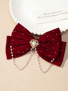 1pc Girls Fashionable Crystal And Pearl Embellished Bow Decorated Hair Clip, No Card Packaging - Burgundy - View 4