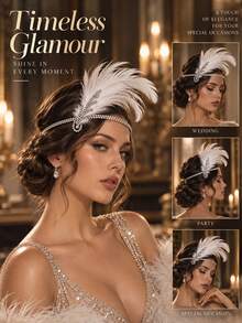 STONEFANS 1pc Feather Headpiece Side Rhinestone Hair Chain Vintage Headband For Single Dance Party - Silver - View 4