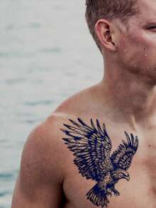 Herbal Juice Semi-Permanent Magic Tattoo Sticker, Personalized Bold Eagle Design, Long-Lasting 14 Days, No Fading, Non-Reflective, Temporary Tattoo For Arm, Chest, Waist, Abdomen, Body, 1pc/Pack - Blue - View 3