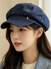 1 Pc Women's Newsboy Cap, Octagonal Hat, Four-Pointed Star Decoration, Casual Vintage Beret, Adjustable Head Circumference, Suitable All Seasons. - Multicolor - View 3