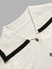 minisummer Women Fall Contrast Black Trim Sailor Collar Knit Cardigan, Long Sleeve Button Down Cropped Knit Jacket For All Year Daily Matching Outfits - Apricot - View 4