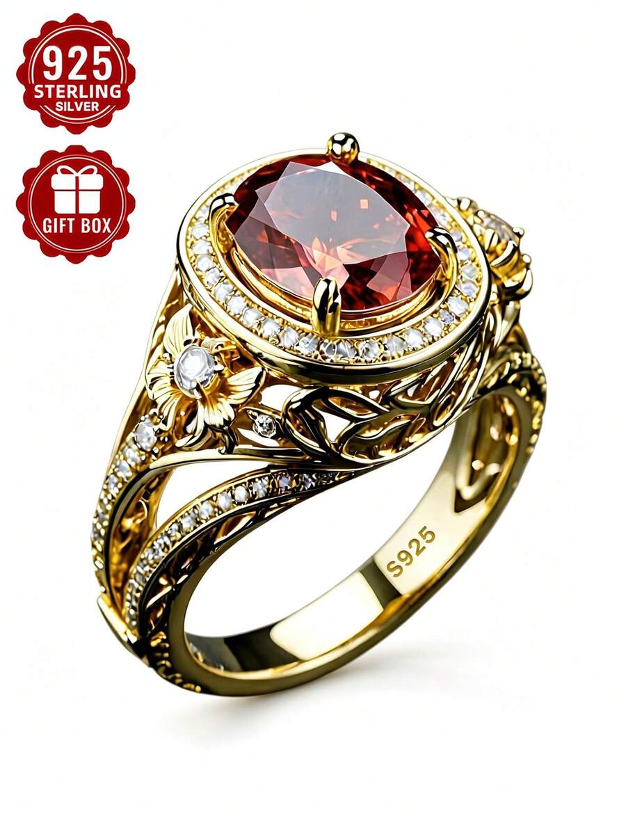 1pc 925 Sterling Silver Ring, Exquisite Carved Hollow Craftsmanship, Inlaid With Red Synthetic Zirconia, Size 7-11, Comes With Gift Box - Gold - View 1