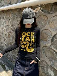 New Black Short Long Sleeve T-Shirt Women Y2K Generation Design English Print Spring Autumn Korean Style Round Neck Versatile Casual Slim Fit Top - Black - View 5