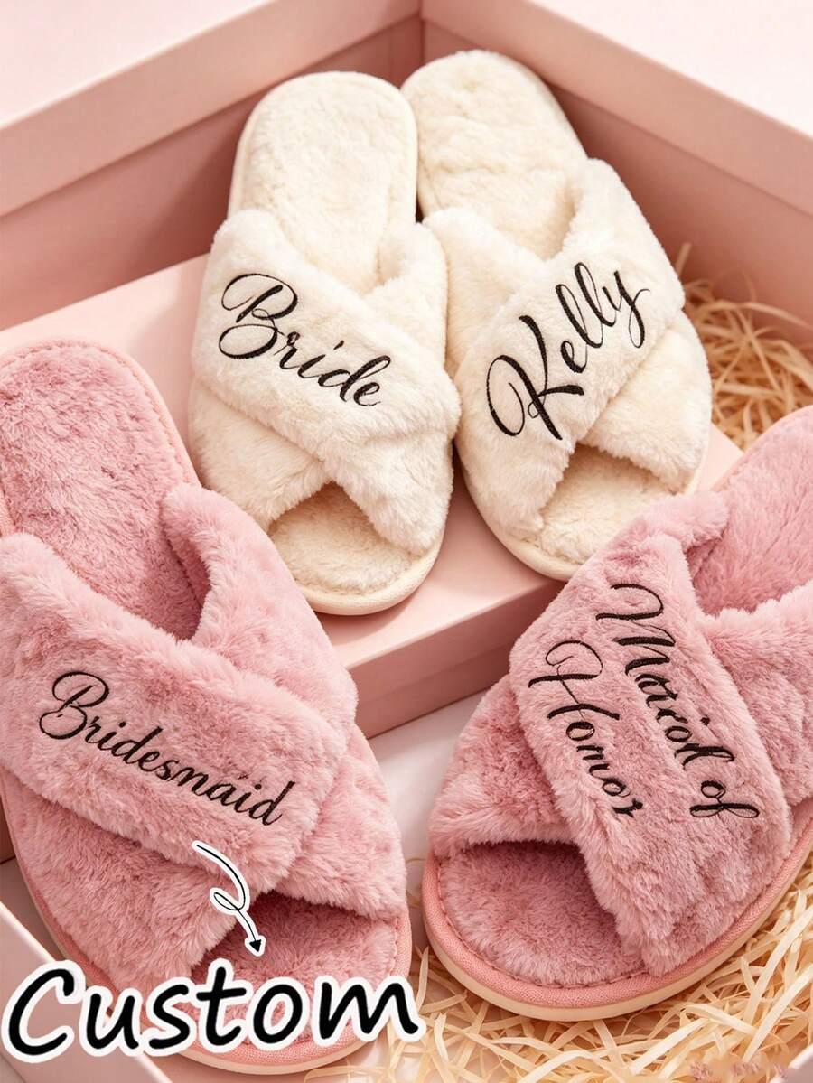 Custom Plush Slippers, Bridal Slippers, Bridesmaid Slippers, Wedding Slippers, Couple Slippers, Unisex, Gift For Girlfriend, Family And Friends, Bachelorette Party Bride Gift - Multicolor - View 1